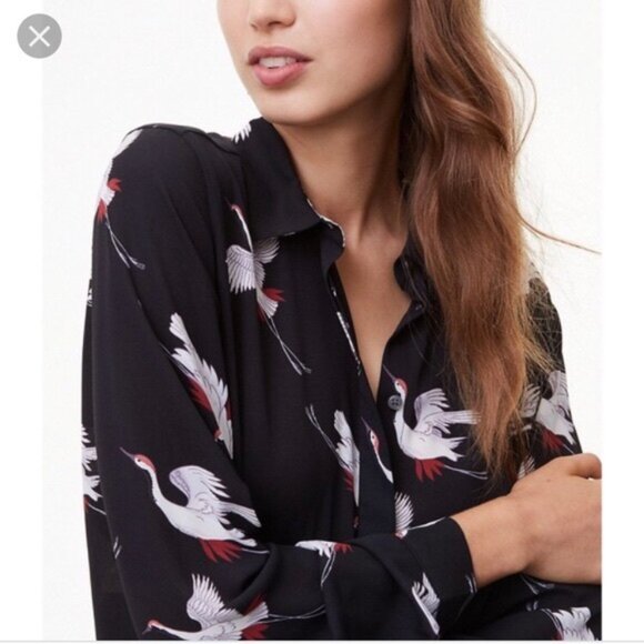 LOFT Black Button Down Shirt with Crane Print - Picture 3 of 6